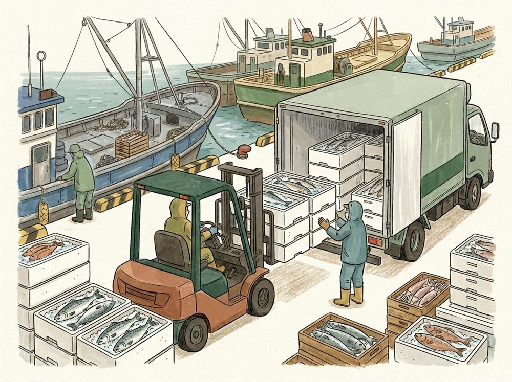北海道の港で水産物を扱う様子のイラスト